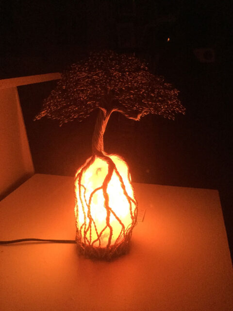 Livewire Sculpture's Himalayan Salt Lamp Tall Tree lit up in the Lazy Lizard Gallery in Cobargo