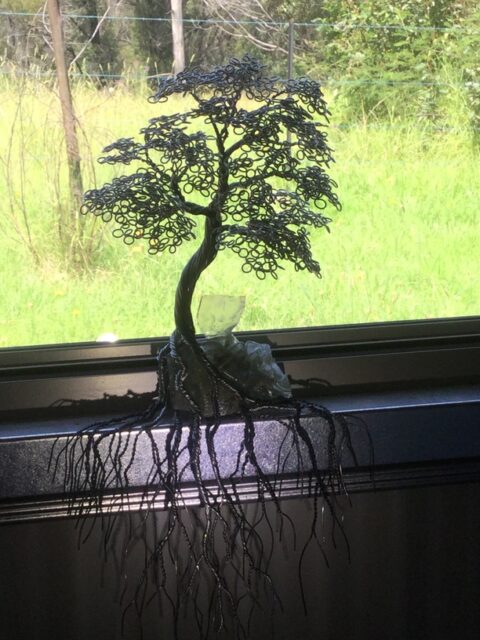 "Over The Hill- The Fire" Metal Tree with Molten Glass On a Window Sill