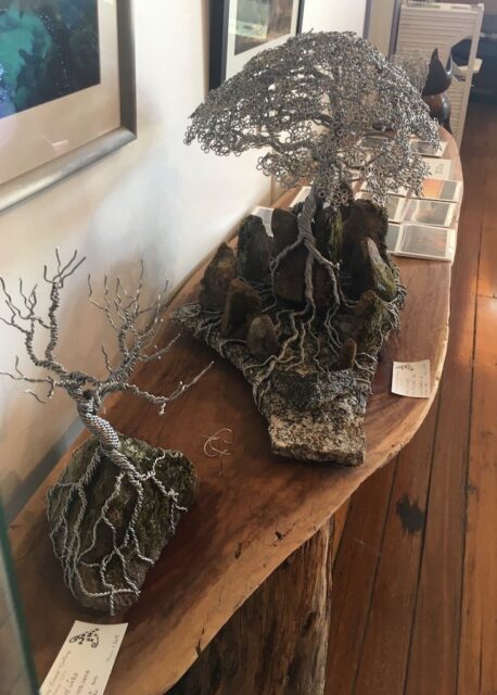 "The Talisman Tree" Recycled mossy granite rocks and armature Wire Tree Sculpture on display at The Lazy Lizard in Cobargo