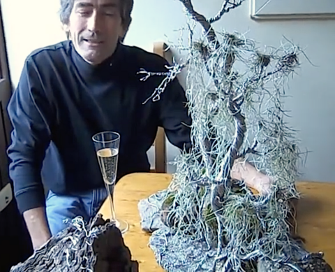 Live Wire Sculptor Alan Holley with 3 of his recycled wire Trees from his property on the South Coast of New South Wales