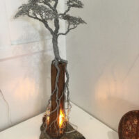 Recycled Granite Base and termite wood tunnel from large fire damaged gum from South Coast NSW with Armature Wire Sculptural Tree Lamp from Live Wire Sculptures freestanding