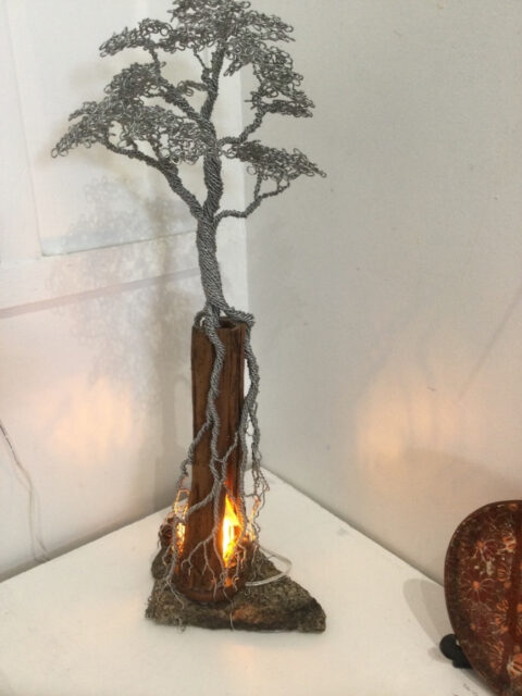 Recycled Granite Base and termite wood tunnel from large fire damaged gum from South Coast NSW with Armature Wire Sculptural Tree Lamp from Live Wire Sculptures freestanding