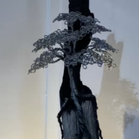 “Invictus” Hanging recycled burnt wood and wire floating tree sculpture