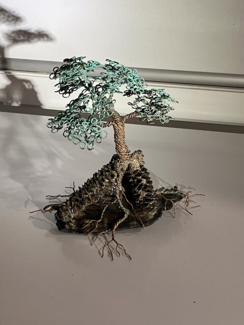 'Coastal Banksia' (Verdigris #3) Wire Tree Sculpture with Banksia Cone Base angle 1