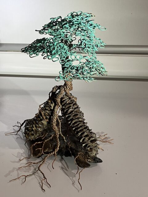 'Coastal Banksia' (Verdigris #3) Wire Tree Sculpture with Banksia Cone Base Angle 3