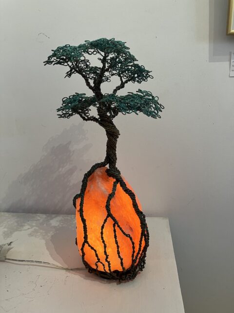 'Salted Gum' (Verdigris #2) copper Wire Tree Sculpture with Himalayan Rock Salt Lamp base